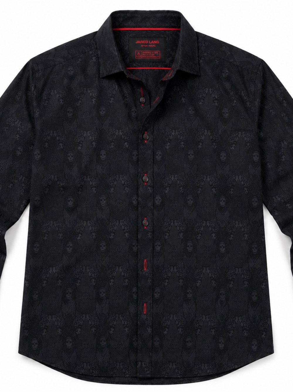Jared Lang Black Jacquard Skull Button-Down Shirt with Red Trim